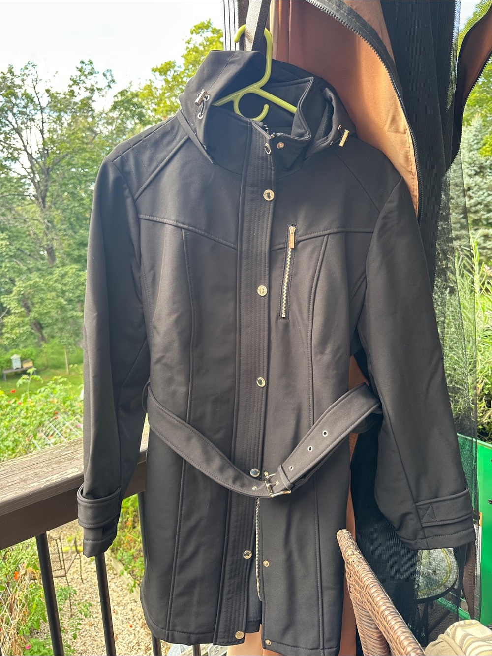 Michael Kors Black Trench Coat with Hooded Collar and Belt